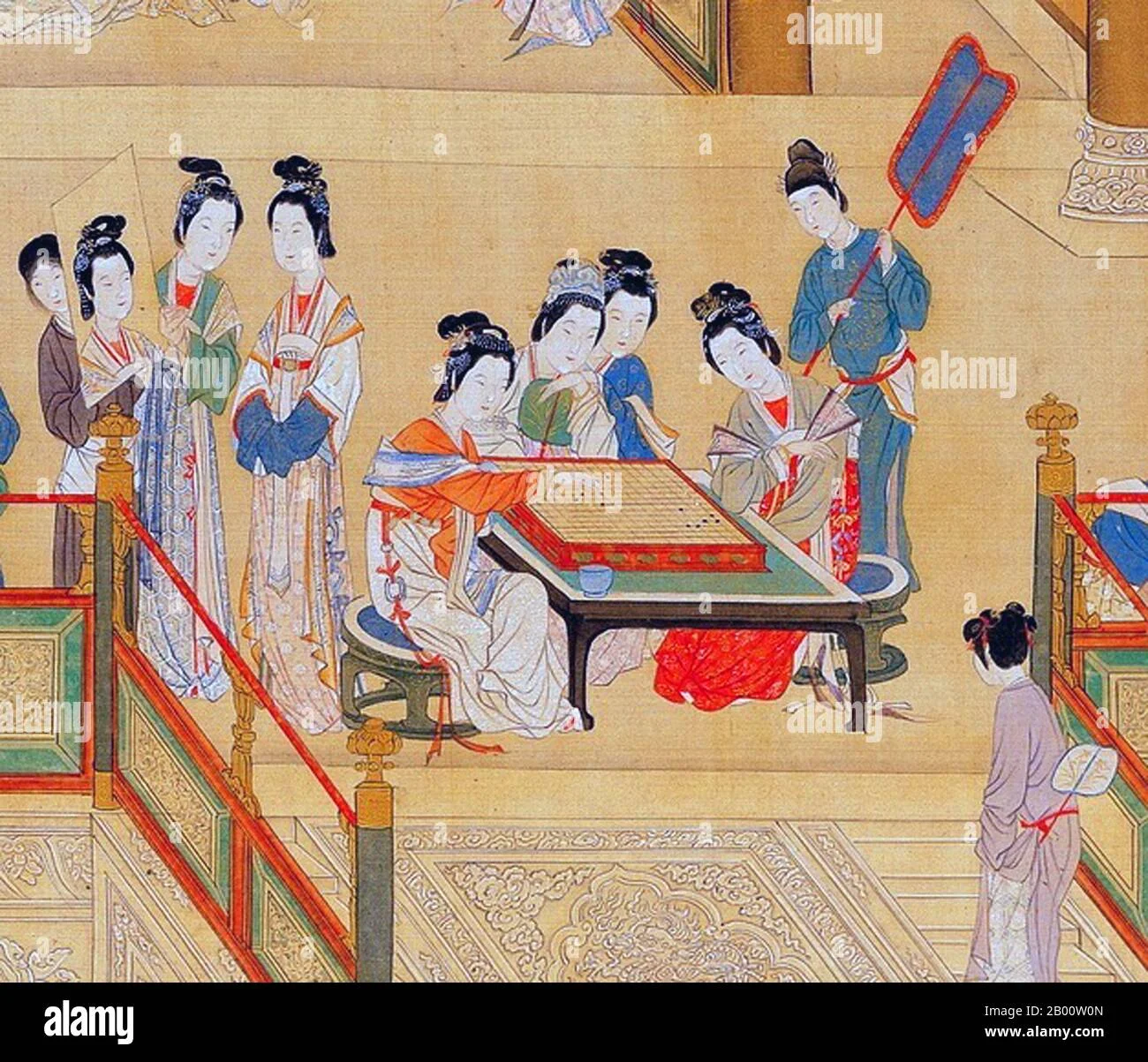 古代雅士庭院对弈麻将的精美画作，展现东方棋艺文化